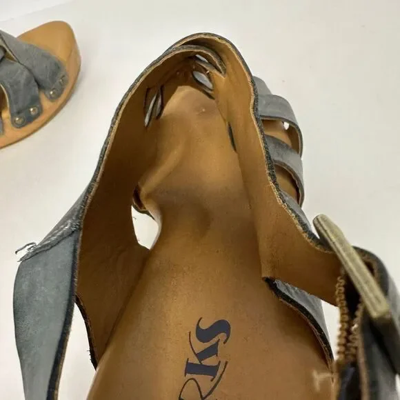 Korks Berengo Wood Heel Sandals Blue Leather | Women Size 10 - Picture 10 of 14